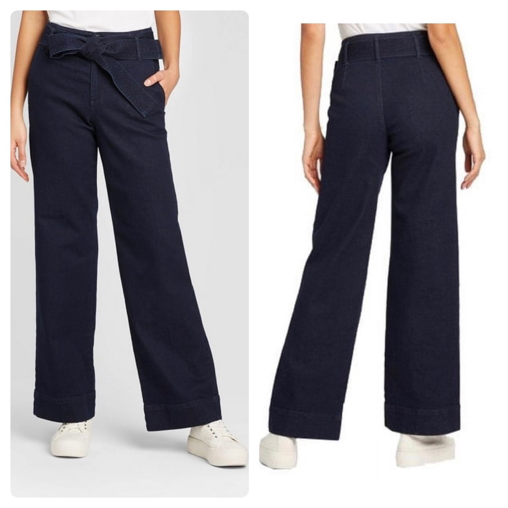 A New Day Plus Size Dark Blue Wide Leg Paper Bag Waist Stretch Jeans